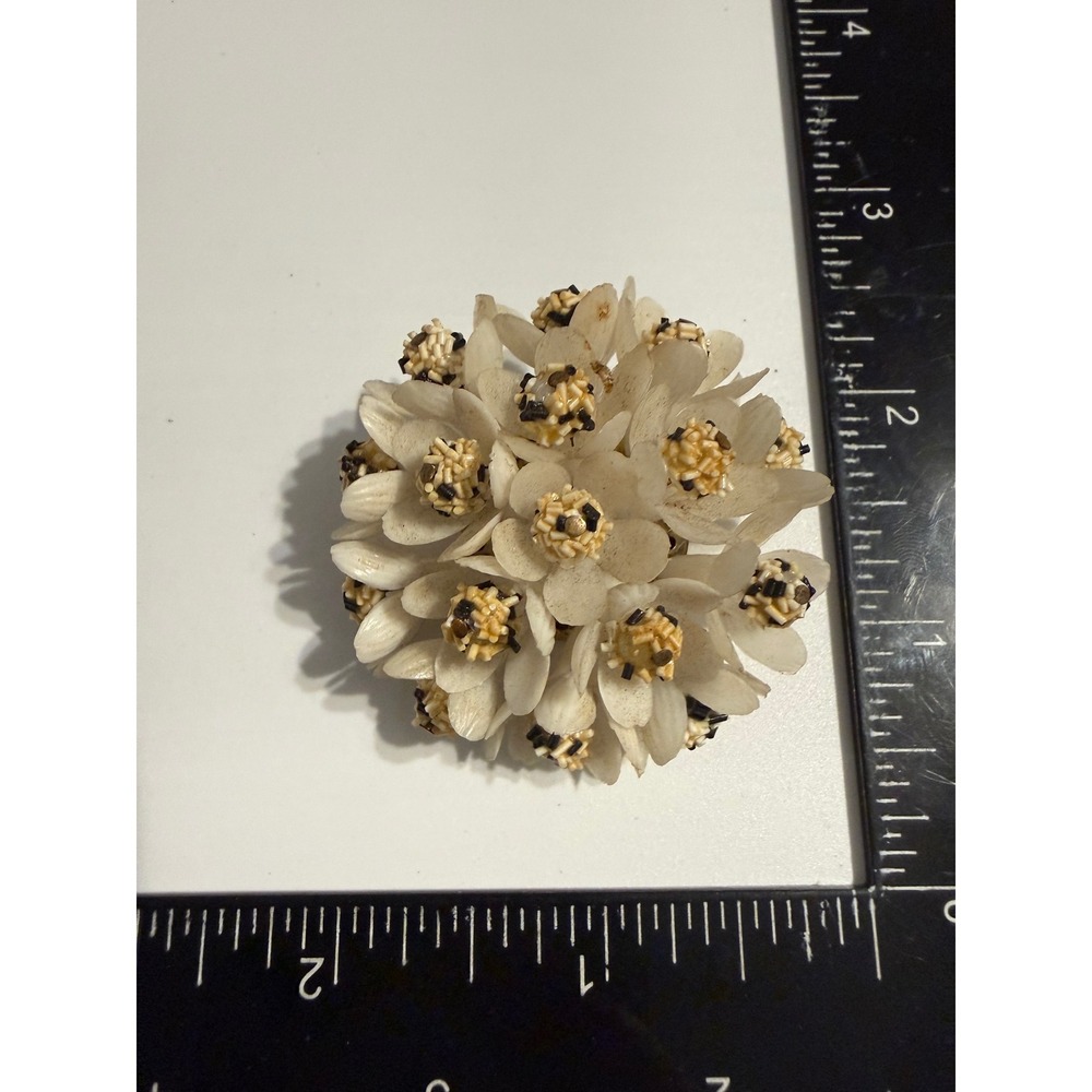 Vintage West Germany White Floral Brooch Mid Century Plastic Flower Pin Bead 2"